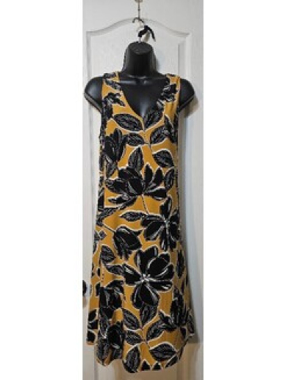 Anne Klein Floral Tank Dress Size 8 Mustard-Gold & Black Classic Chic